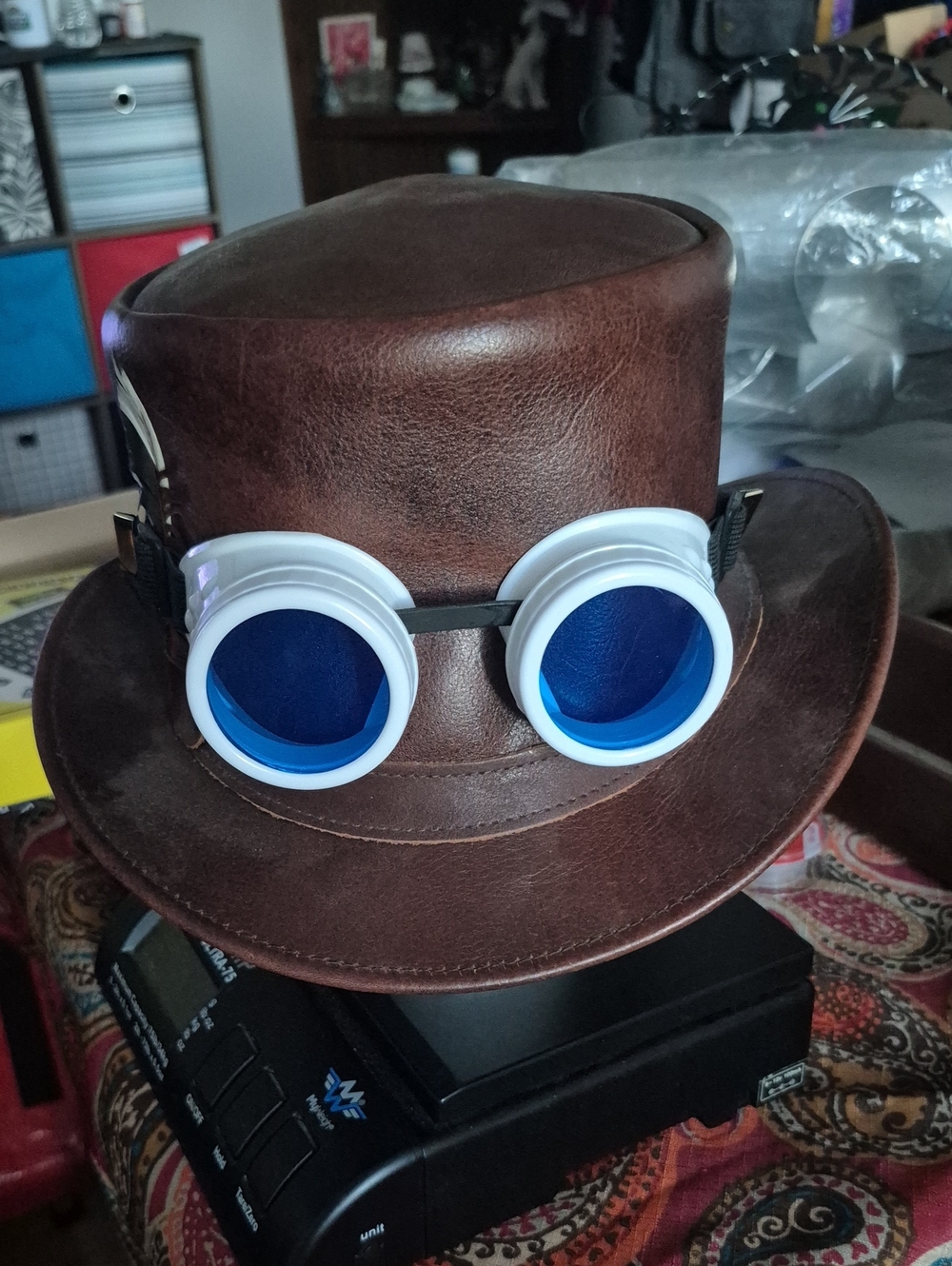 Brown Steampunk Top Hat with Feather -Accent White Goggles